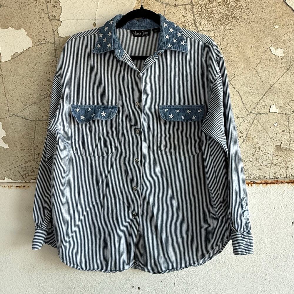 Vintage Button Down Shirt Womens‎ S Chambray Striped Embroidered Stars Western